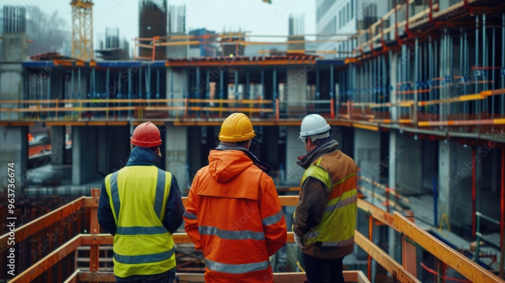 Fototapeta premium Workers on the roof of a building during construction, advice for architecture or cityscape use