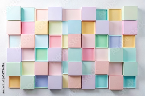 Vibrant pastel squares of different sizes and shapes arranged in a staggered grid, set against a clean white backdrop to showcase playful elegance
