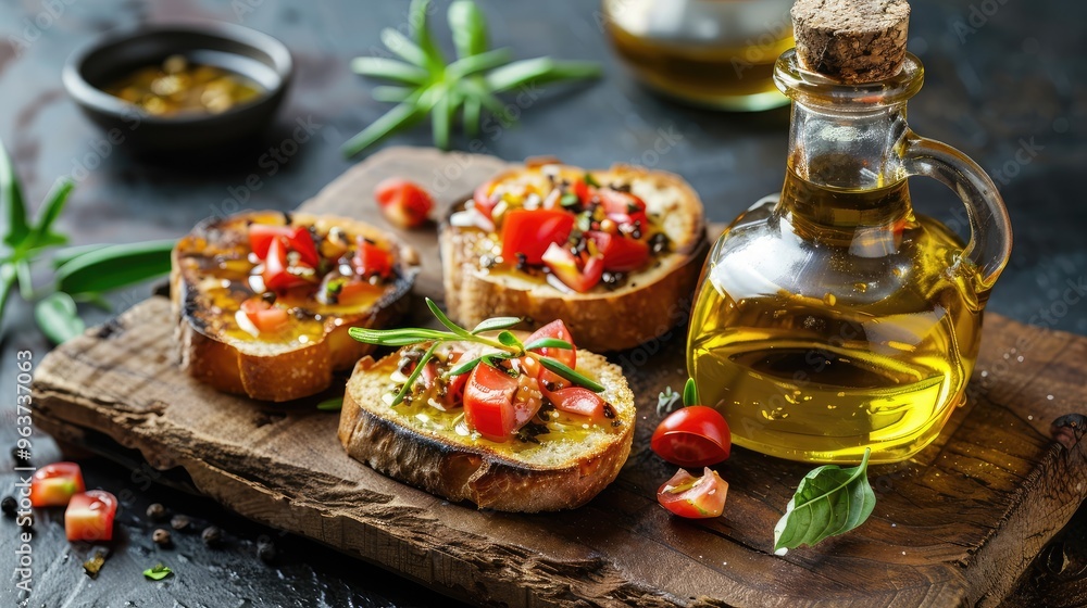 Fresh Bruschetta with Olive Oil on Rustic Wooden Board Fresh Bruschetta with Olive Oil on Rustic Wooden Board