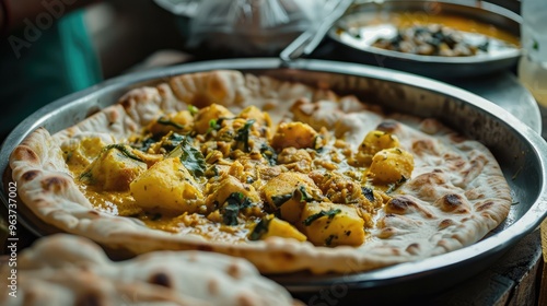 Authentic Indian Curry with Fresh Naan Bread in a Rustic Setting