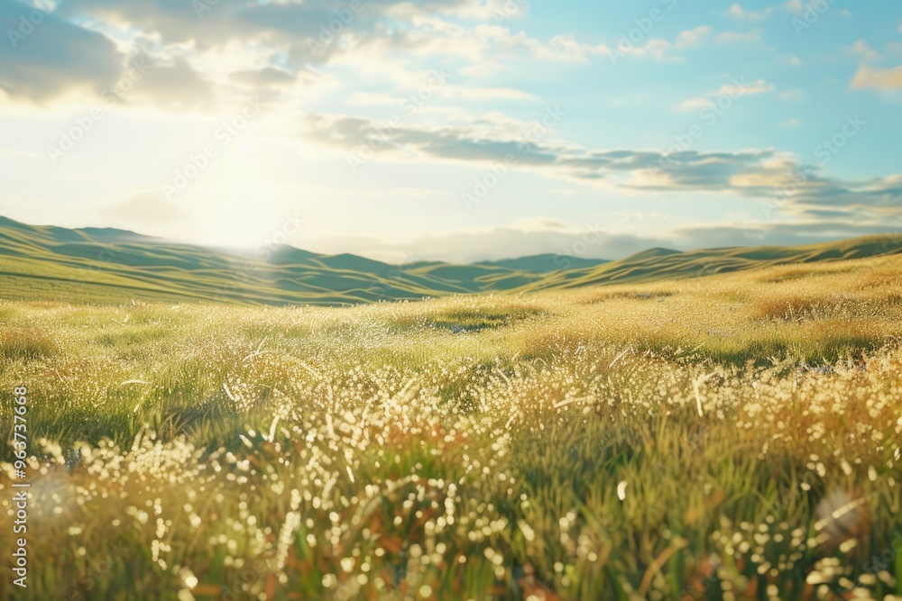 A serene natural scene featuring a lush meadow and distant mountains A serene natural scene featuring a lush meadow and distant mountains