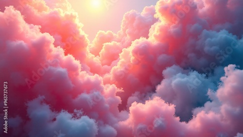 Dreamy, fluffy clouds in shades of pink and purple, illuminated by warm sunlight, creating a soft, ethereal atmosphere