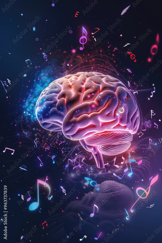 A creative illustration of a brain surrounded by music notes, perfect for educational or inspirational content A creative illustration of a brain surrounded by music notes, perfect for educational or inspirational content