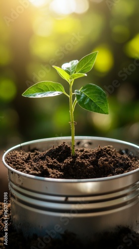 Young plant in metal pot with soil