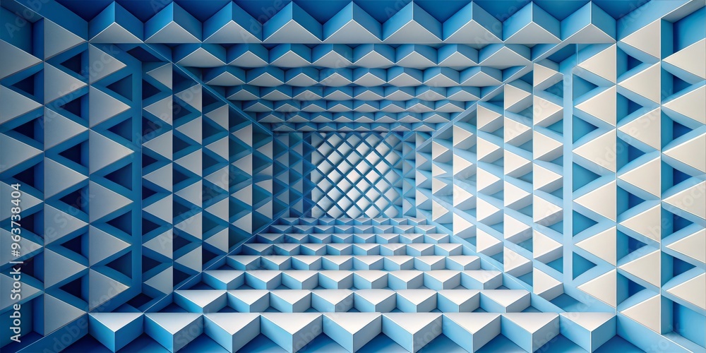 Naklejka premium Optical illusion of a 3D grid created by overlapping squares in a gradient of blues and whites, with a subtle shadow effect to enhance the sense of depth