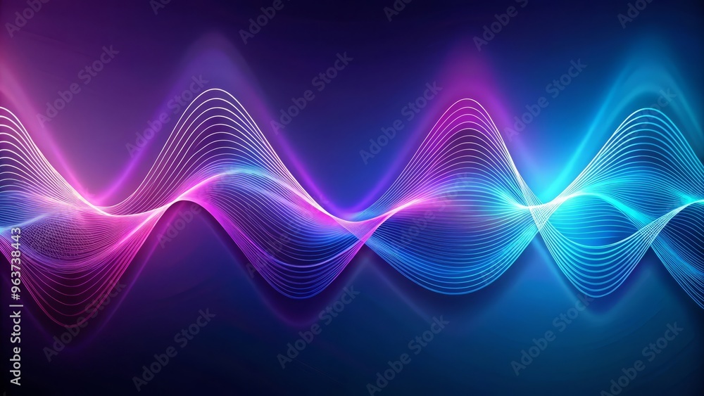 Motion of sound waves depicted as undulating lines in shades of blue and purple, set against a gradient background transitioning from bright to dark Motion of sound waves depicted as undulating lines in shades of blue and purple, set against a gradient background transitioning from bright to dark