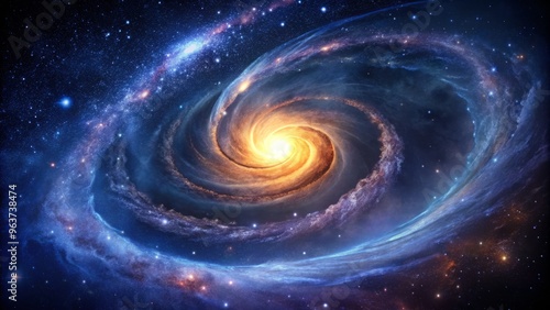 Spiral arms of a galaxy unfolding like a celestial rose, set against a deep indigo background with subtle, shimmering stars and precise, swirling lines.