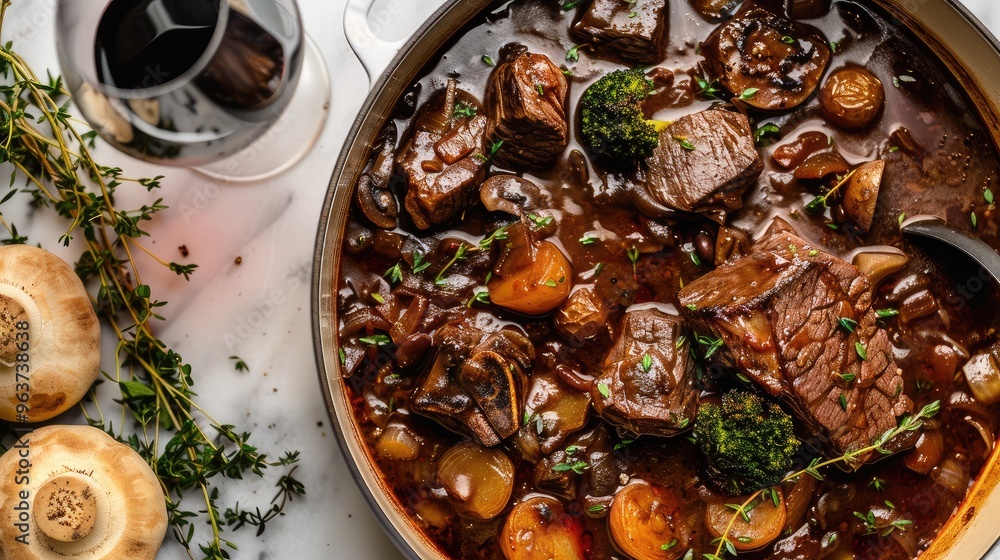 Fototapeta premium Savory and Hearty Beef Stew with Fresh Vegetables and Herbs