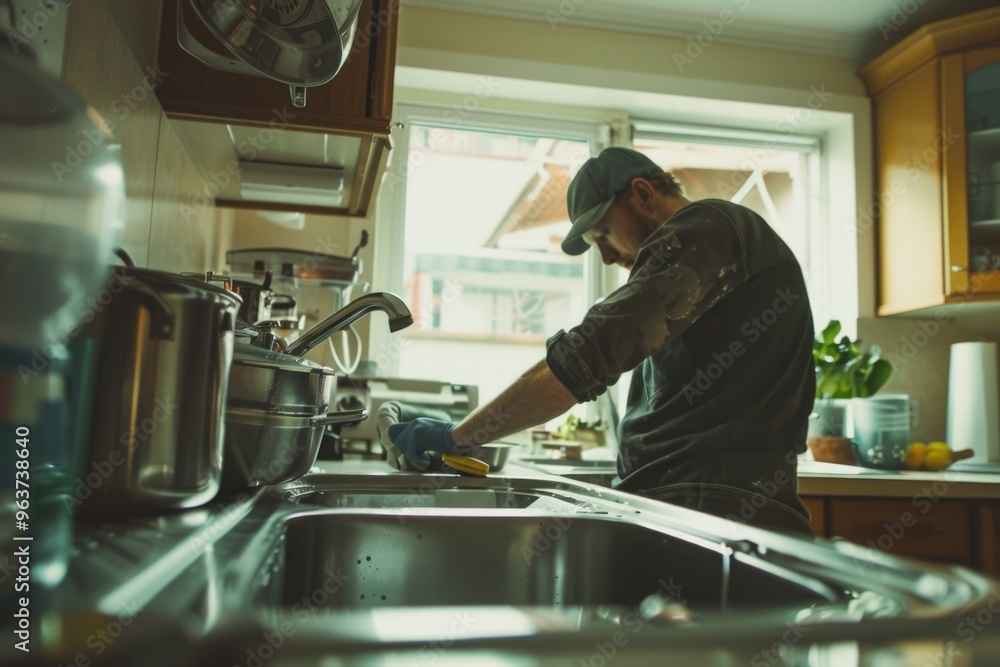 A person cleaning up after cooking in a domestic setting, with water and soap suds A person cleaning up after cooking in a domestic setting, with water and soap suds