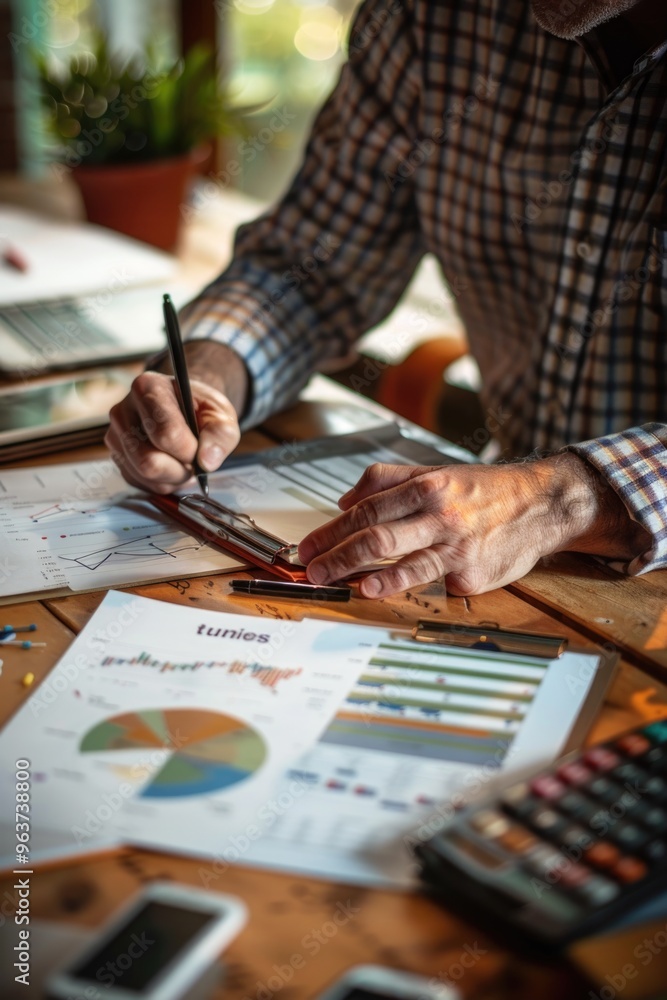 A person sitting at a desk using a laptop and mobile phone, ideal for business or office illustrations