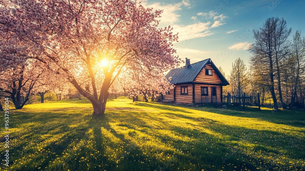 Obraz premium A serene spring landscape featuring blooming cherry blossoms and a sunlit cabin nestled amidst tranquil nature. 