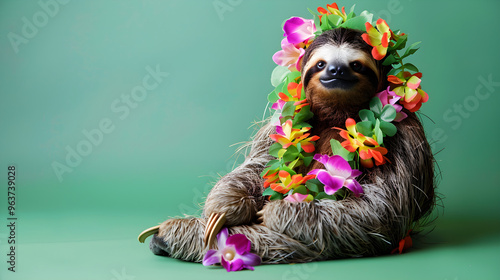 A cute sloth relaxing in a tropical paradise, adorned with a colorful Hawaiian lei necklace. photo