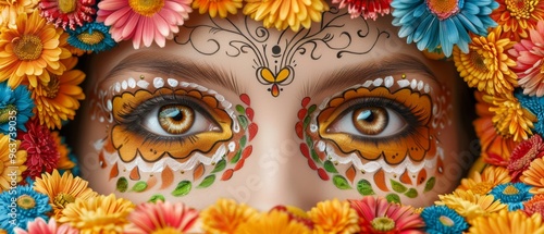 Day of the Dead Face Art, Vibrant makeup around eyes with traditional floral motifs, Surrounded by colorful marigolds and daisies, Celebratory Mexican Tradition