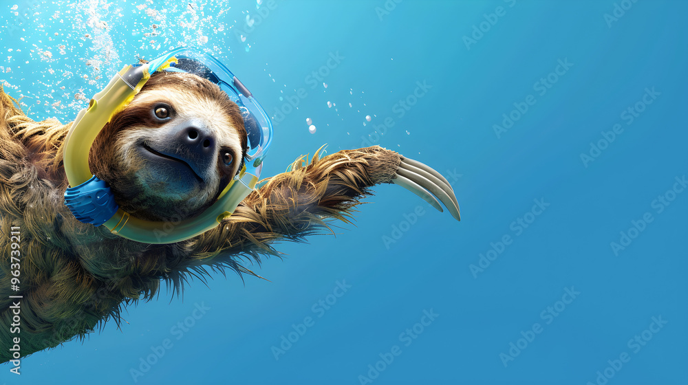 Naklejka premium A sloth in water with snorkel and floaties, enjoying a leisurely swim in tropical paradise.