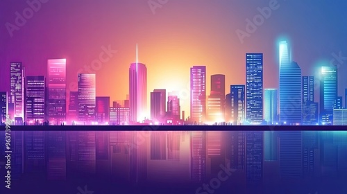 A breathtaking skyline of a futuristic city at dusk, featuring neon-lit high-rise buildings silhouetted against a vibrant gradient sky. 