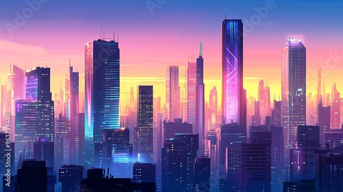 Wallpaper Mural A breathtaking skyline of a futuristic city at dusk, featuring neon-lit high-rise buildings silhouetted against a vibrant gradient sky.  Torontodigital.ca