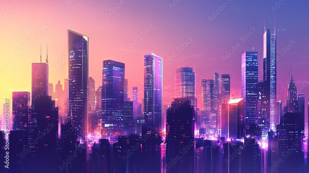 Fototapeta premium A breathtaking skyline of a futuristic city at dusk, featuring neon-lit high-rise buildings silhouetted against a vibrant gradient sky. 