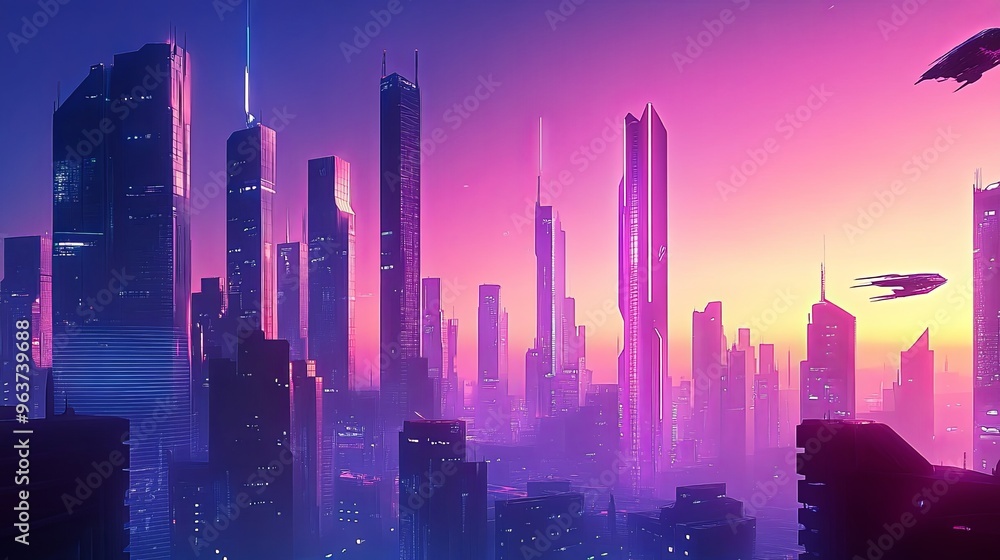 Obraz premium A breathtaking skyline of a futuristic city at dusk, featuring neon-lit high-rise buildings silhouetted against a vibrant gradient sky. 