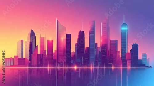 A breathtaking skyline of a futuristic city at dusk, featuring neon-lit high-rise buildings silhouetted against a vibrant gradient sky. 