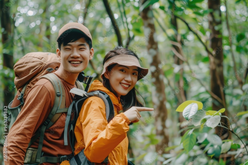 A couple stands together in a forest surrounded by trees, with sunlight filtering through the leaves A couple stands together in a forest surrounded by trees, with sunlight filtering through the leaves