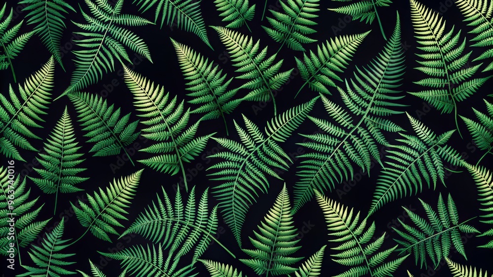 Illustrate a pattern of dark green ferns with a sense of abstraction, where the ferns are reduced to simplified, geometric shapes that overlap and intersect in a intricate Illustrate a pattern of dark green ferns with a sense of abstraction, where the ferns are reduced to simplified, geometric shapes that overlap and intersect in a intricate