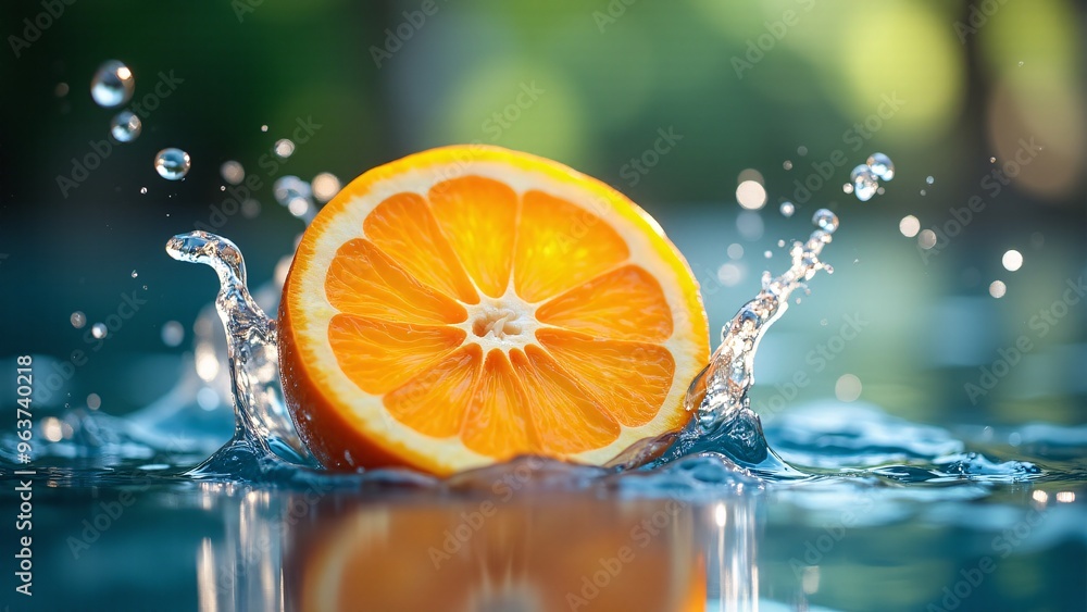 A fresh orange slice splashing into water, creating droplets and ripples with bright, natural lighting A fresh orange slice splashing into water, creating droplets and ripples with bright, natural lighting
