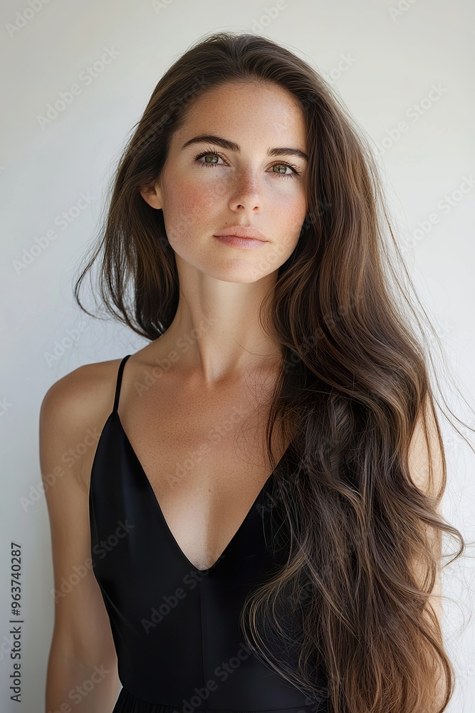 portrait of a woman with long brown hair, wearing a black dress, against a white background portrait of a woman with long brown hair, wearing a black dress, against a white background