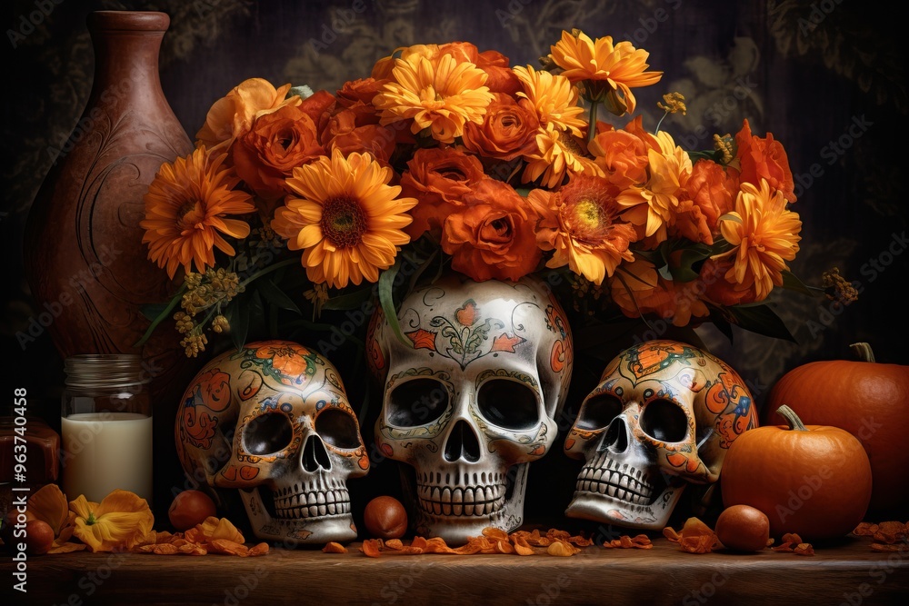 Painted skull for Mexican Death Day. Festive composition Painted skull for Mexican Death Day. Festive composition