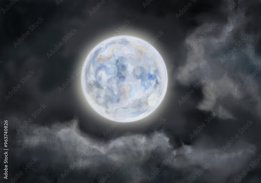 Fototapeta premium Blue moon in the night sky with clouds watercolor realistic illustration. Hand drawn Night sky with full blue moon in the clouds. Beautiful dreamy night sky background, banner, painting, wallpaper.