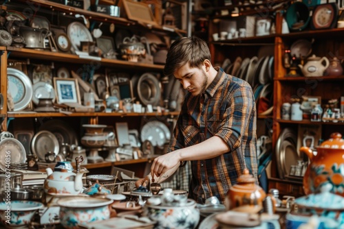 A person standing amidst stacks of plates and bowls, potentially indicating a kitchen or household scene