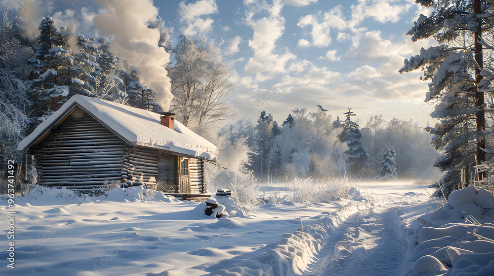 Cozy wooden cabin nestled in a snowy forest, with smoke rising from the chimney. Cozy wooden cabin nestled in a snowy forest, with smoke rising from the chimney.