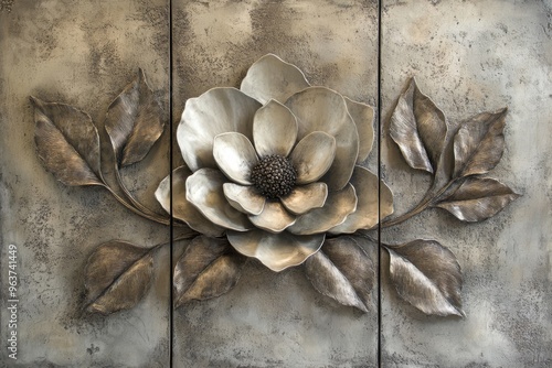 This stunning threepanel relief showcases a magnolia flower and its leaves, beautifully crafted in metallic tones photo