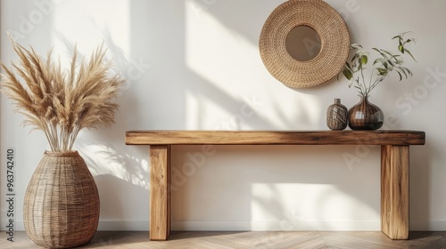 Rustic, wooden console table with simple, modern decor in a minimalist entryway