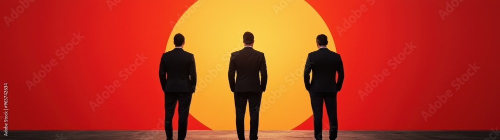 silhouettes of businessmen standing in front of sunset silhouettes of businessmen standing in front of sunset