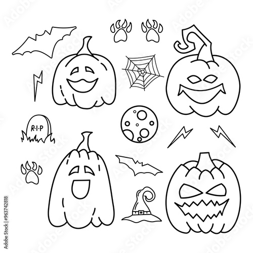Halloween Day icon illustration vector template. Halloween, pumpkin ghost, witch hat, cute ghost, spider web and line art style Halloween elements