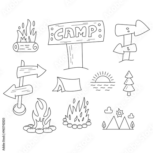 A large set of vector illustrations of tourism and camping equipment in doodle style on a white background. Hand drawn elements or icons for summer camp, coloring book, poster.