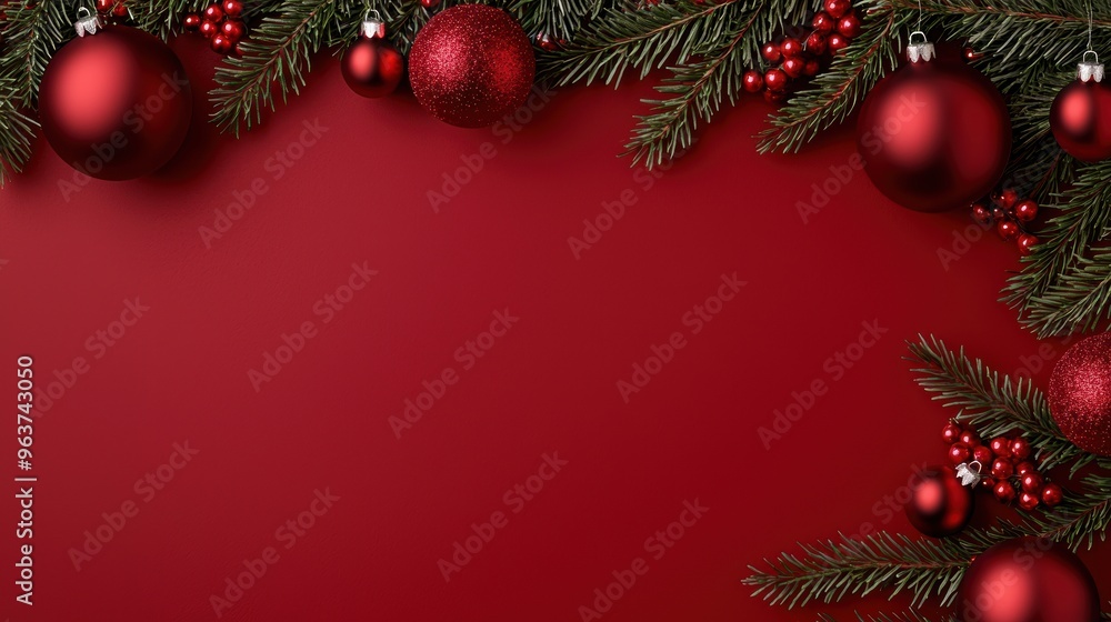 Christmas holiday decoration background with red ornaments and pine branches Christmas holiday decoration background with red ornaments and pine branches