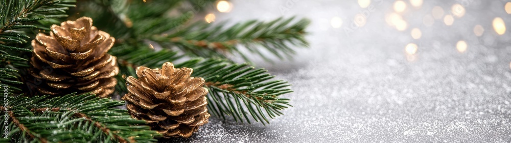 Fototapeta premium Festive pine branches with golden pine cones on a snowy background