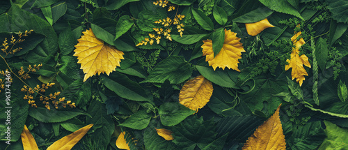Foliage background with a variety of vibrant plant leaves showing a diverse e...