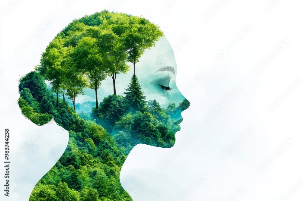 Mental circuitry Intellectual horsepower Profile of a woman with green forest trees blending into her face symbolizing the harmony between nature identity and mental growth Mental circuitry Intellectual horsepower Profile of a woman with green forest trees blending into her face symbolizing the harmony between nature identity and mental growth