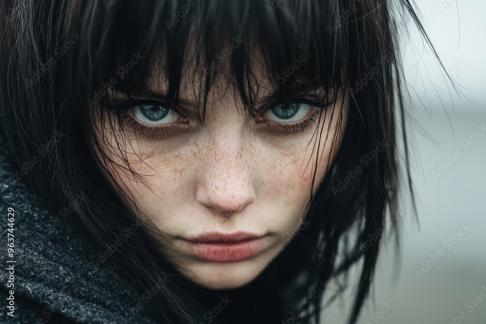 Intense gaze of a young woman with dark hair Intense gaze of a young woman with dark hair
