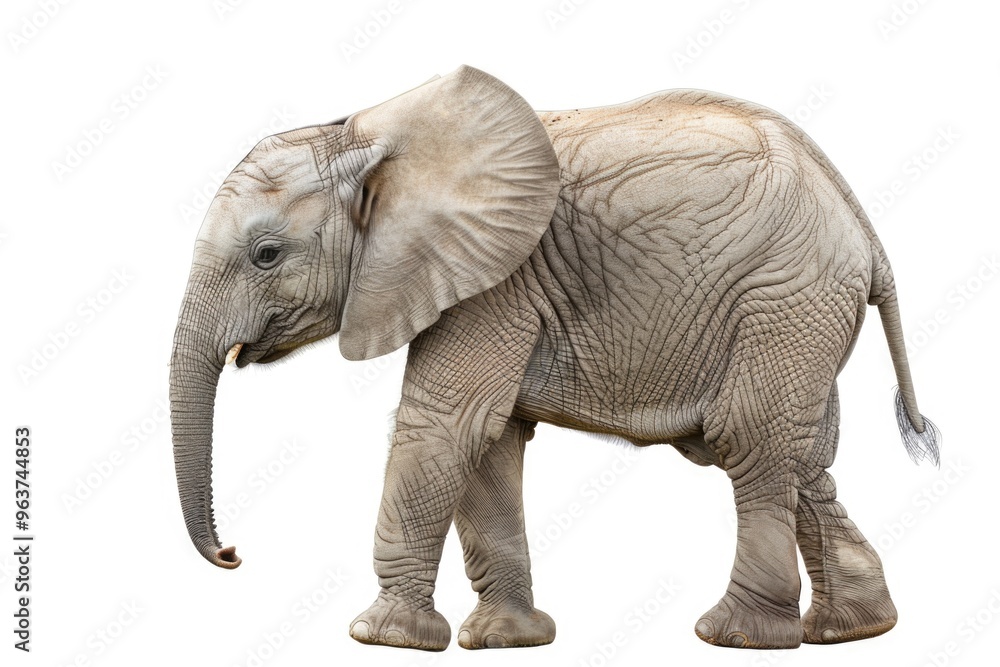 Obraz premium A young elephant stands on a white background