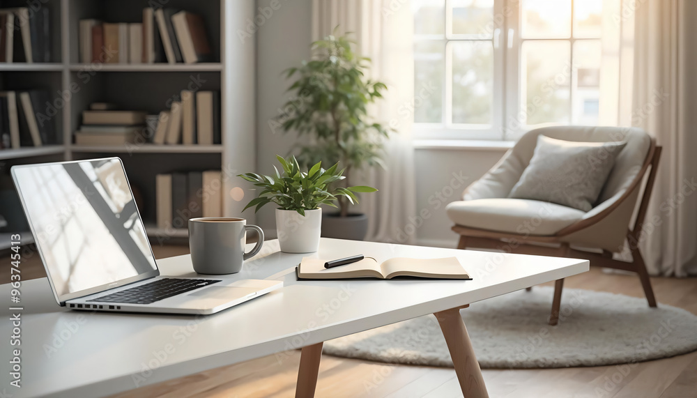custom made wallpaper toronto digitalCozy home office with a coffee cup, laptop, and soft sunlight