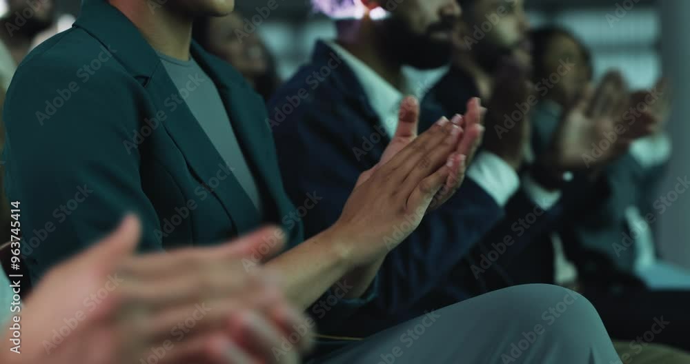 Hands, conference or closeup of business people clapping for success, seminar event or celebration. Presentation, winner or applause of audience for goal, motivation and awards for target achievement
