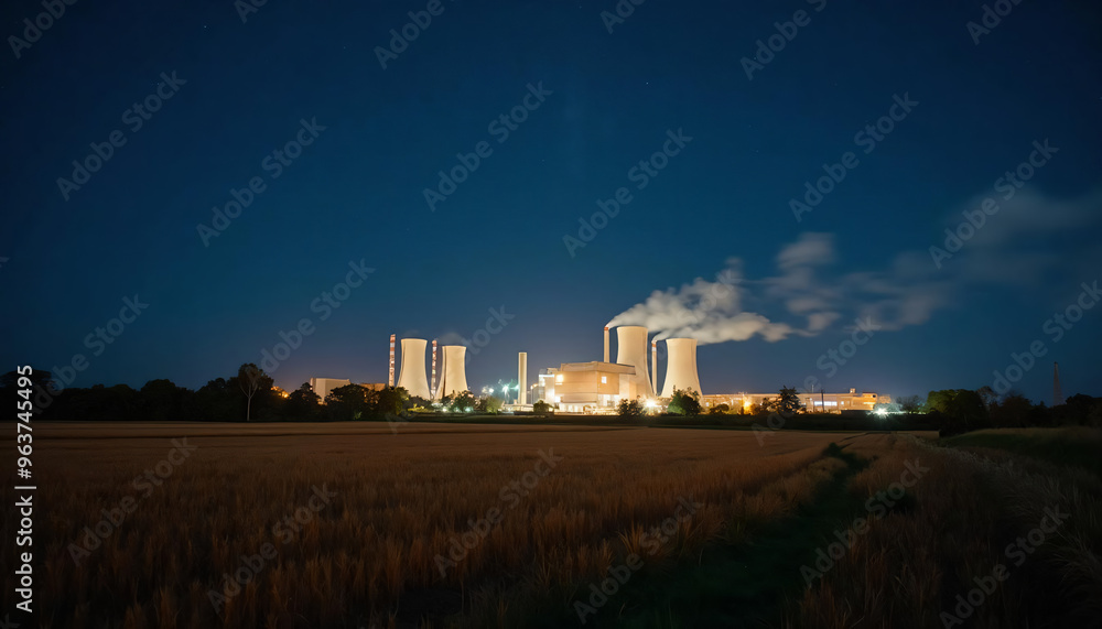 Industrial power plant with steam clouds rising under the night sky Industrial power plant with steam clouds rising under the night sky