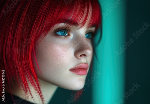 Vibrant red-haired woman with striking blue eyes