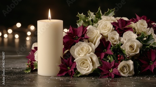 Elegant winter floral arrangement with candle