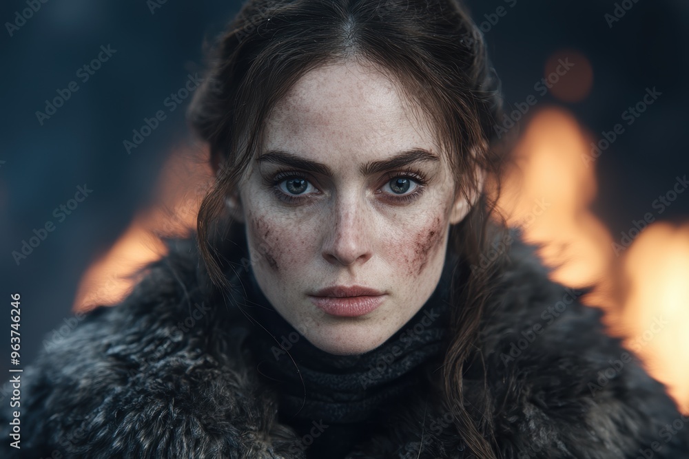 Intense gaze of a woman with dark hair and freckles Intense gaze of a woman with dark hair and freckles