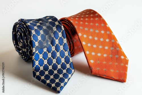 Rolled Blue and Orange Silk Ties with Patterned Designs photo