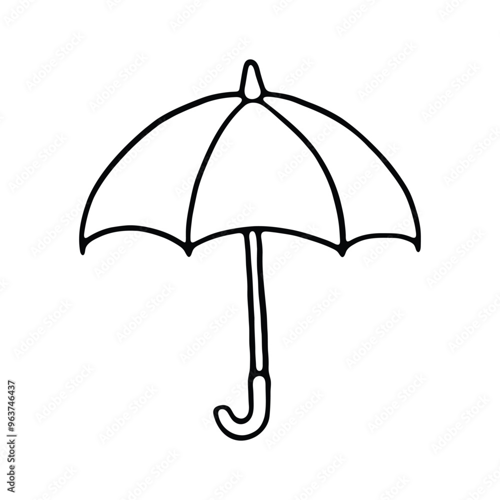 hand drawing of an open umbrella with a curved handle. hand drawing of an open umbrella with a curved handle.